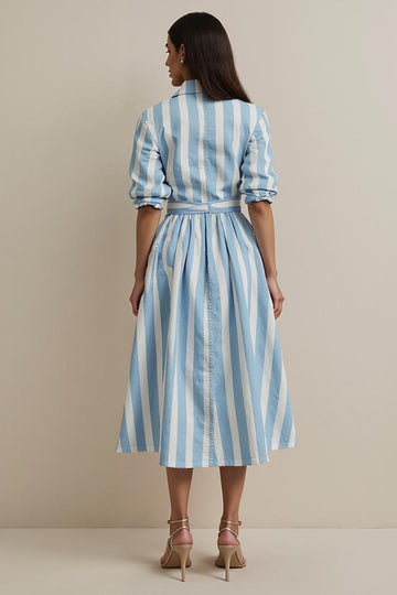 Blue Striped Collar Neck Work Dress with Sleeves